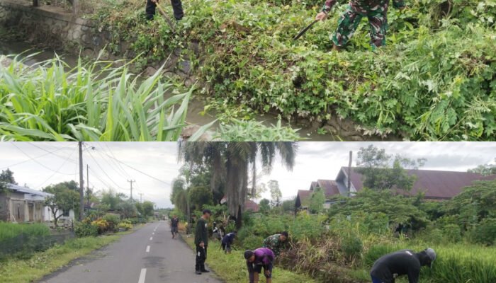 Semangat Gotong Royong Babinsa Kopda Nazaruddin Bersama Warga Desa Lauwa Bersihkan Parit